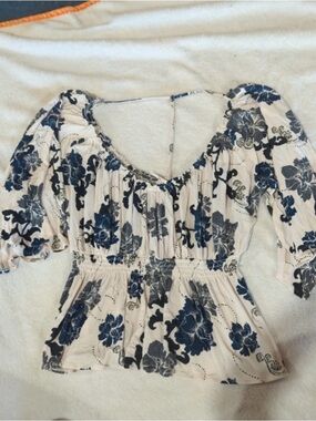 Free People Cream Blouse with Navy Floral Trim